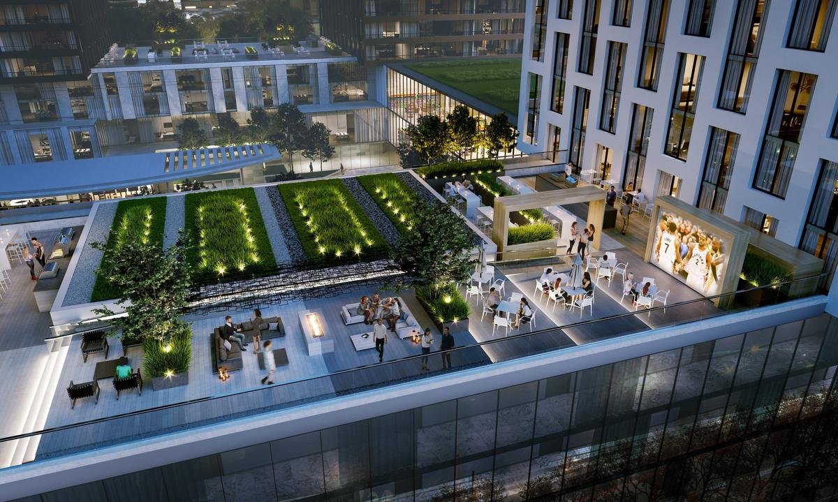 Roof gardens, seating areas and fire pits will be among the outdoor amenities on top of a six-storey podium that links Tower EX1 and another condo building.